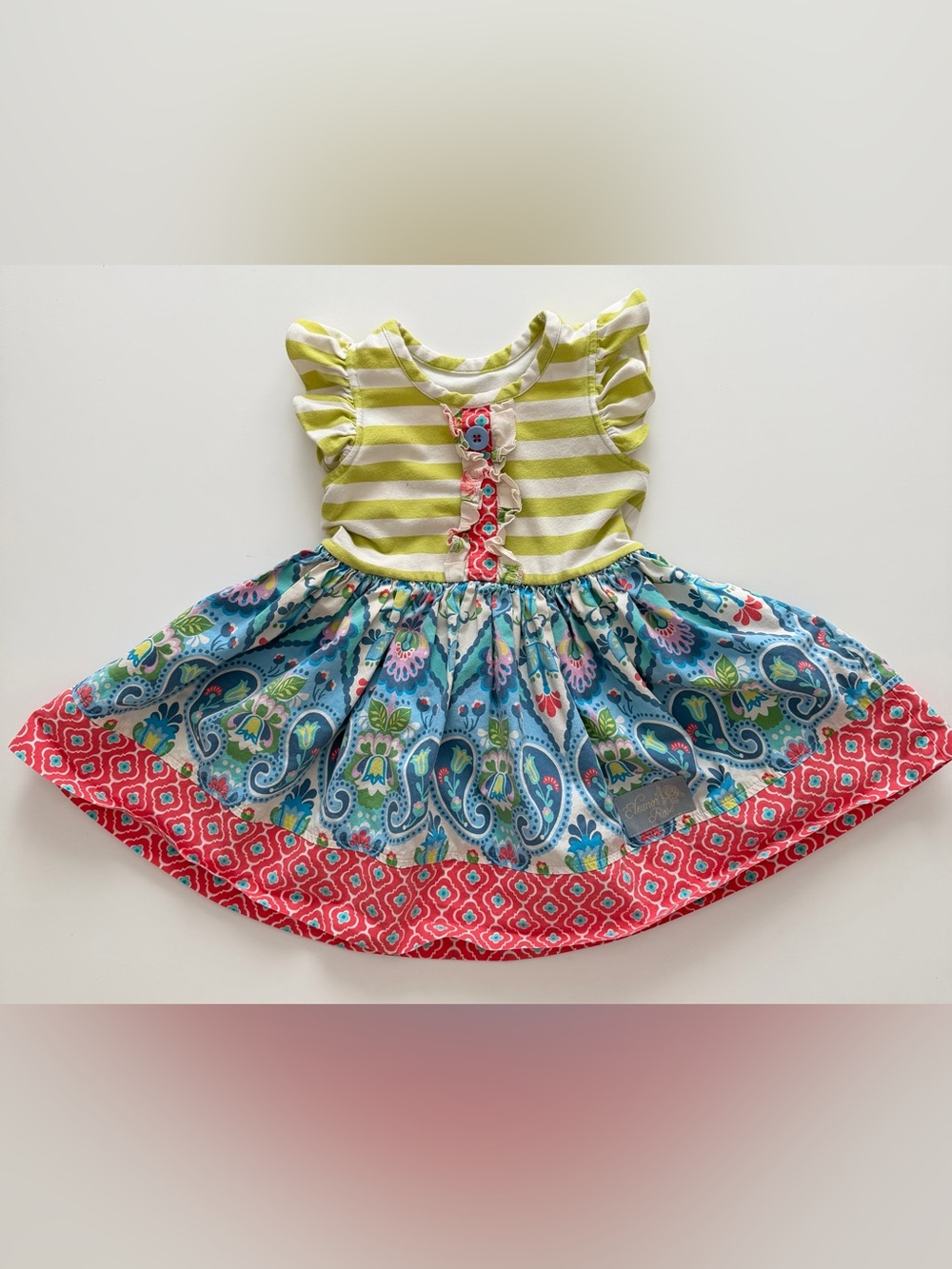 Eleanor Rose Sz 2 Lime Green Striped Top with Blue Floral & Coral Accents Dress